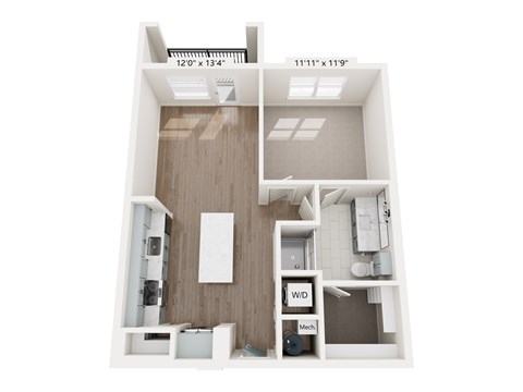 A1_50 A floor plan of a small apartment with a kitchen, living room, and bathroom.